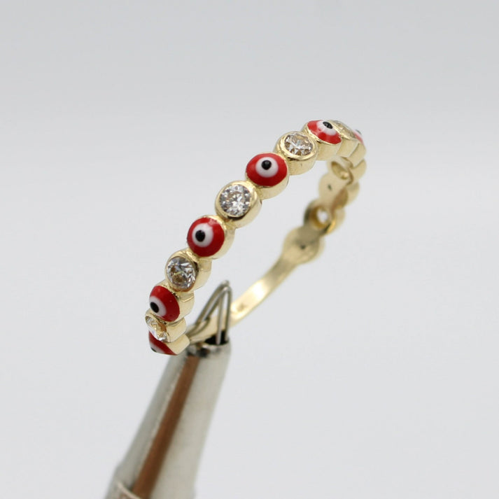 14K Red Evil Eye Ring Cz Stones Yellow Gold