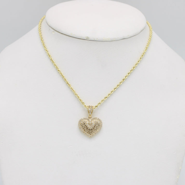 14K Heart Pendant Cz Stones With Rope Chain Yellow Gold