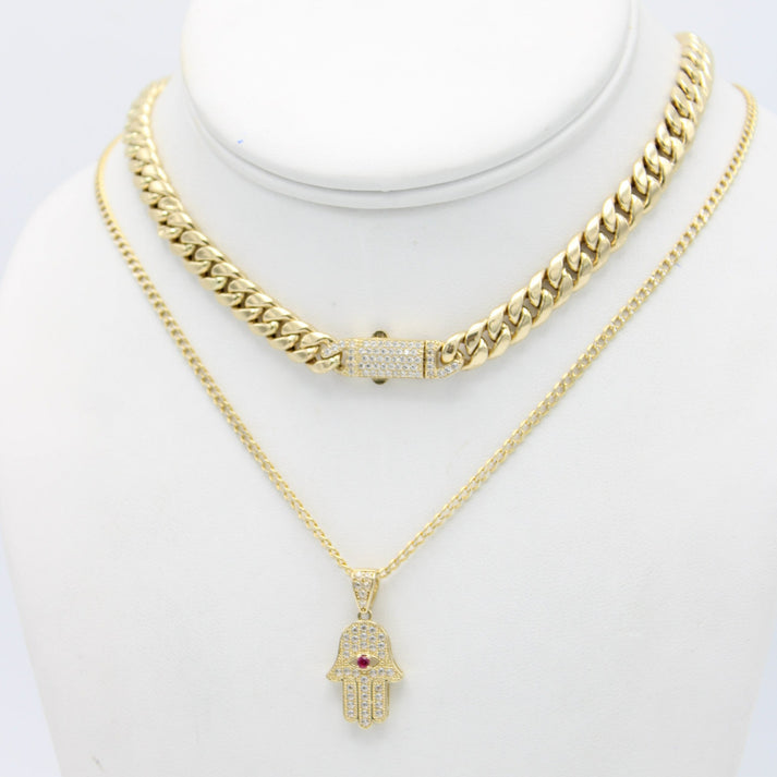 Choker Hueco de 14K con Dije de Hamsa con Cadena Cubana Bicolor Oro Amarillo