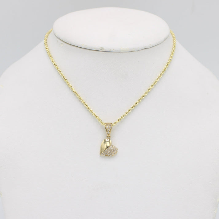 14K Heart Pendant Cz Stones With Rope Chain Yellow Gold