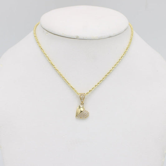 14K Heart Pendant Cz Stones With Rope Chain Yellow Gold
