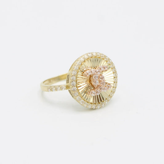 14K Fancy Women's Ring Cz StonesTwo Tones Yellow Gold