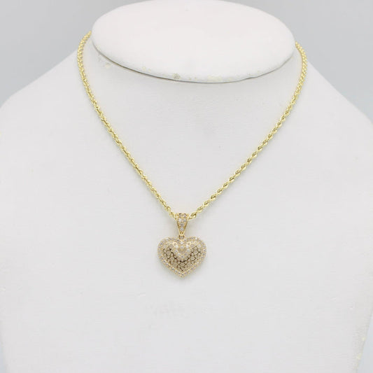 14K Heart Pendant Cz Stones With Rope Chain Yellow Gold