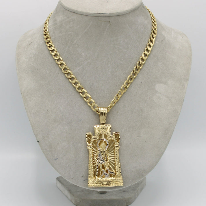 14K Big San Lazaron Pendant Cz Stones With Semi-Solid Flat Cuban Chain Yellow Gold