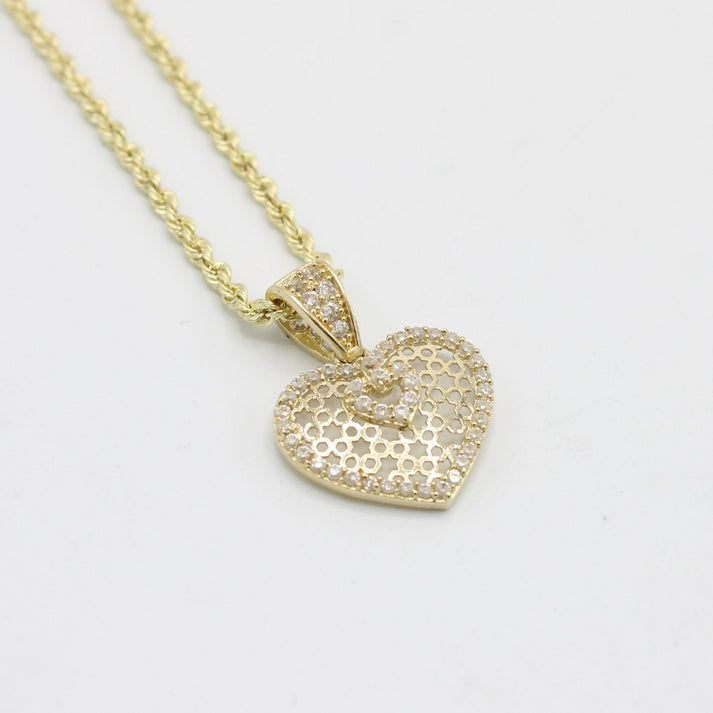 14K Heart Pendant Cz Stones With Rope Chain Yellow Gold