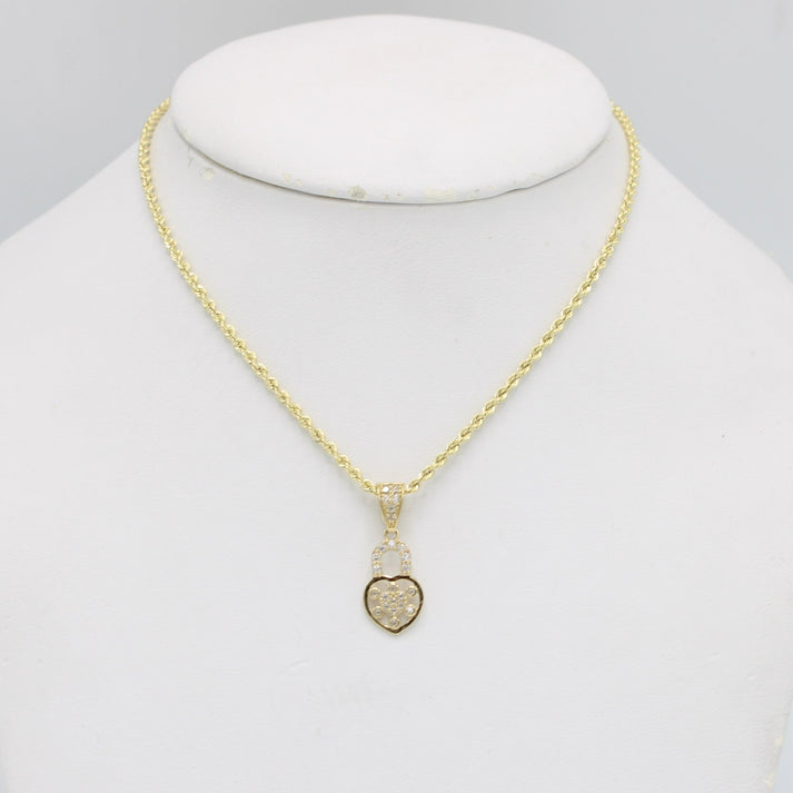 14K Lock - Heart Pendant Cz Stones With Rope Chain Yellow Gold