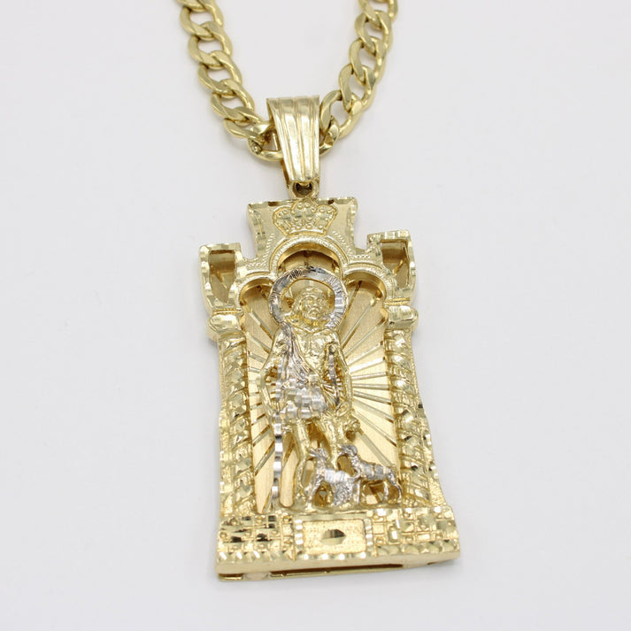 14K Big San Lazaron Pendant Cz Stones With Semi-Solid Flat Cuban Chain Yellow Gold