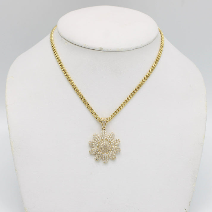 14K Fancy Pendant Cz Stones with Miami Cuban Chain Yellow Gold