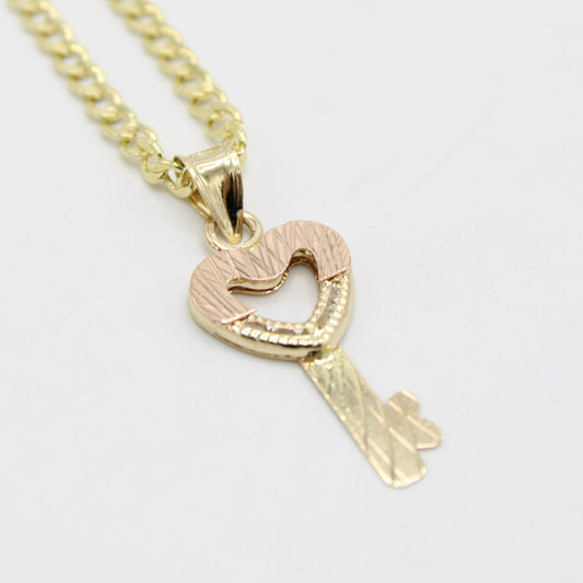14K Key Pendant Two Tones with Cuban Chain Yellow Gold