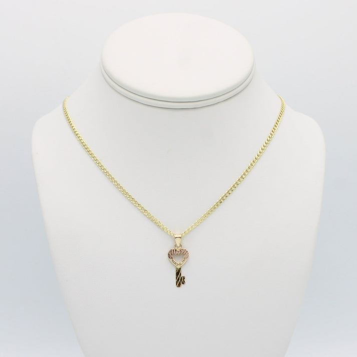 14K Key Pendant Two Tones with Cuban Chain Yellow Gold