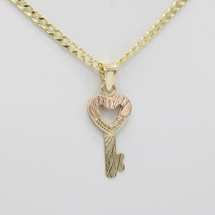 14K Key Pendant Two Tones with Cuban Chain Yellow Gold