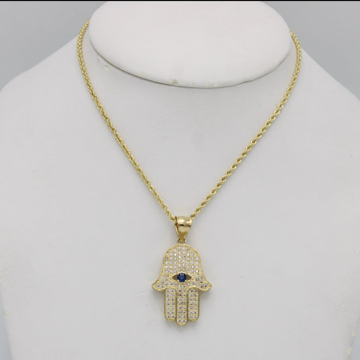 14K Hamsa Pendant Cz Stones With Rope Chain Yellow Gold