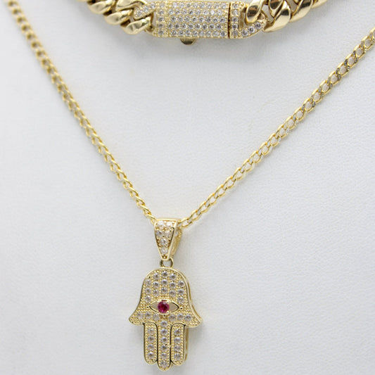 Choker Hueco de 14K con Dije de Hamsa con Cadena Cubana Bicolor Oro Amarillo